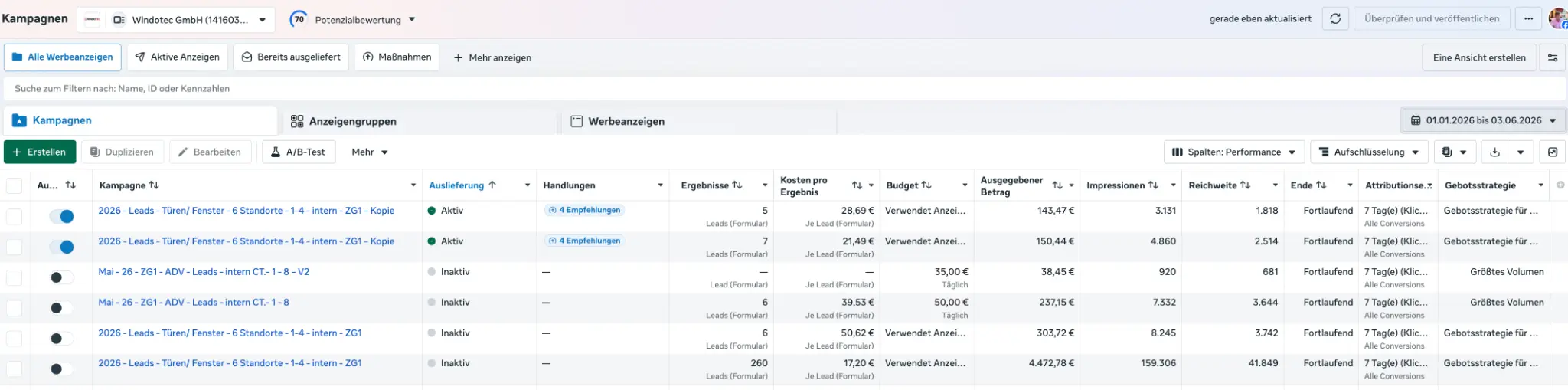 WINDOTEC Werbeanzeigenmanager Screenshot – Kampagnendaten Januar bis Juni 2026