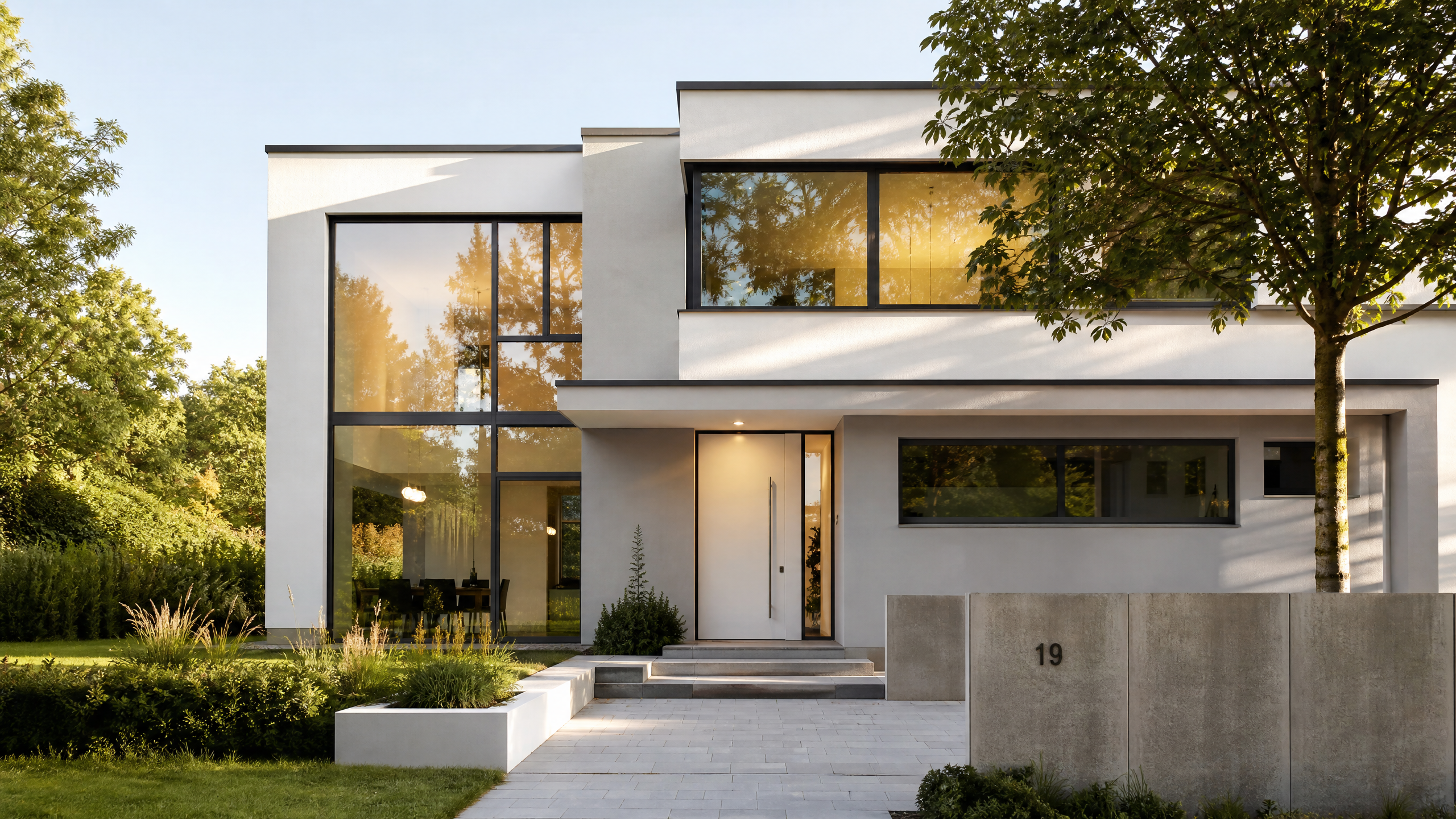 Modernes Haus mit großen Fenstern und eleganter Haustür – Fenster Leads für Fensterbetriebe